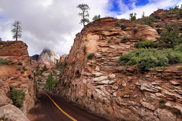 Camino a través de las montañas. Vistas panorámicas del parque nacional Zion