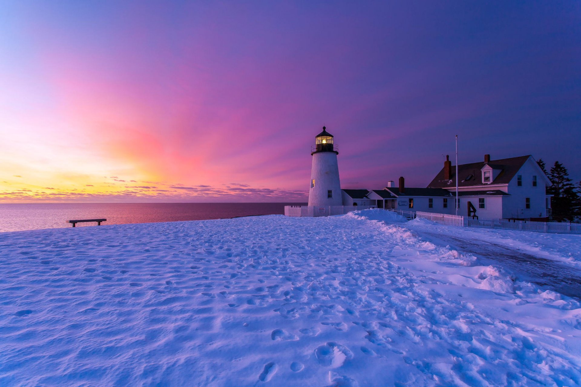 phare angleterre bristol neige hiver côte banc bâtiments coucher de soleil ciel traces