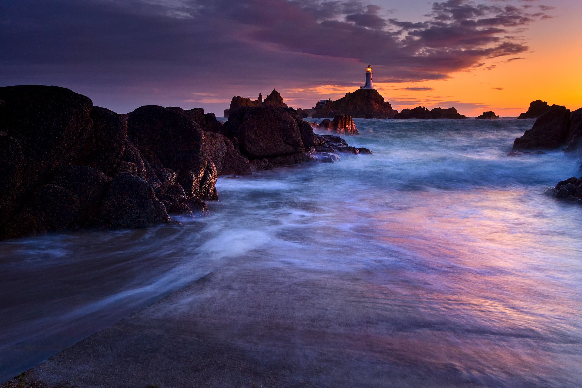 faro corbière faro noche puesta de sol anochecer luces luz mar rocas exposición