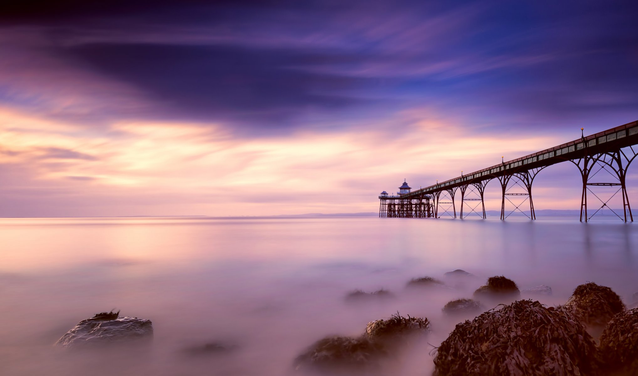 regno unito inghilterra somerset contea baia riva molo sera rosa blu cielo nuvole