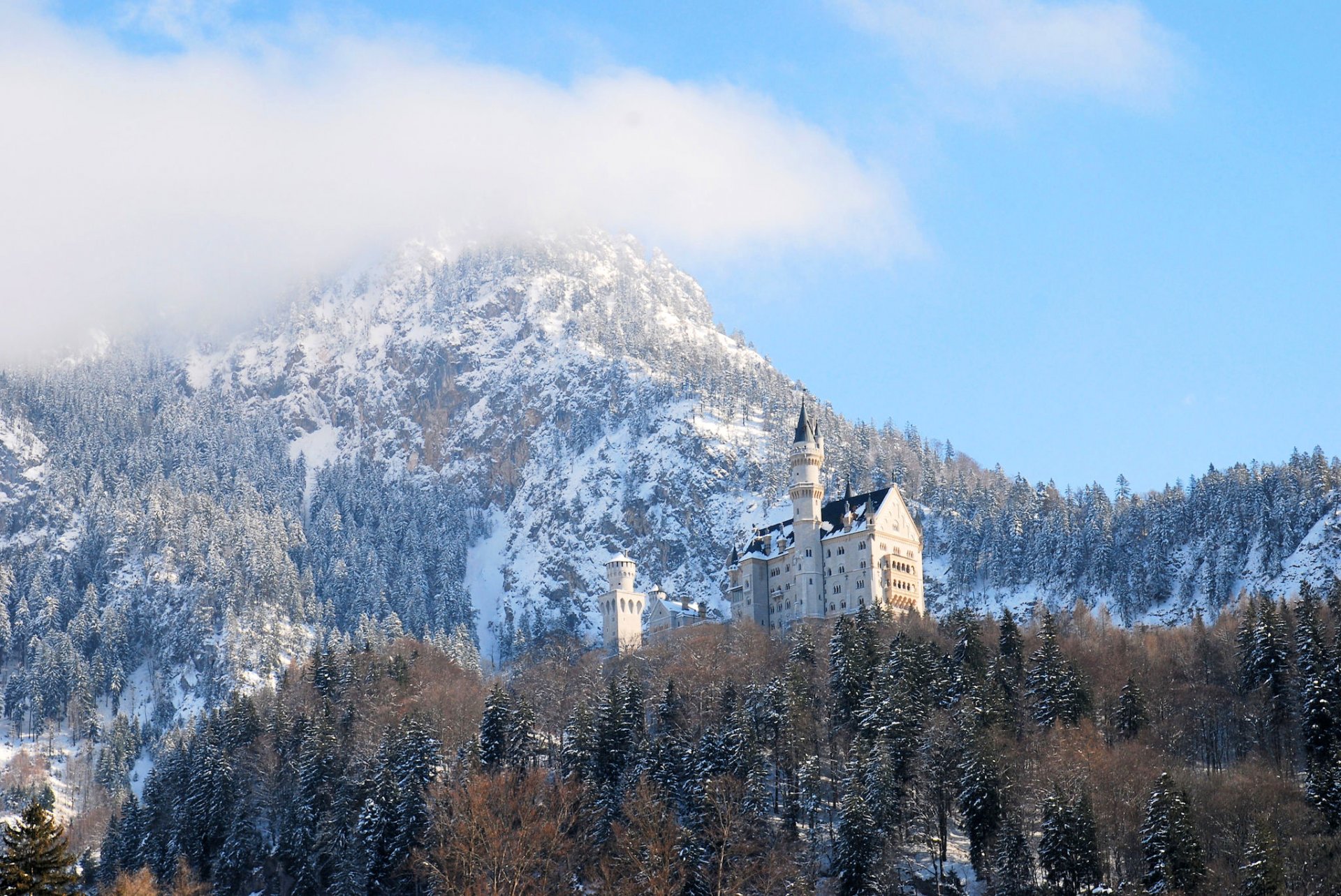 neuschwanstein germany bayern munich castle ludwig winter snow sky clouds tree tower forest mountain