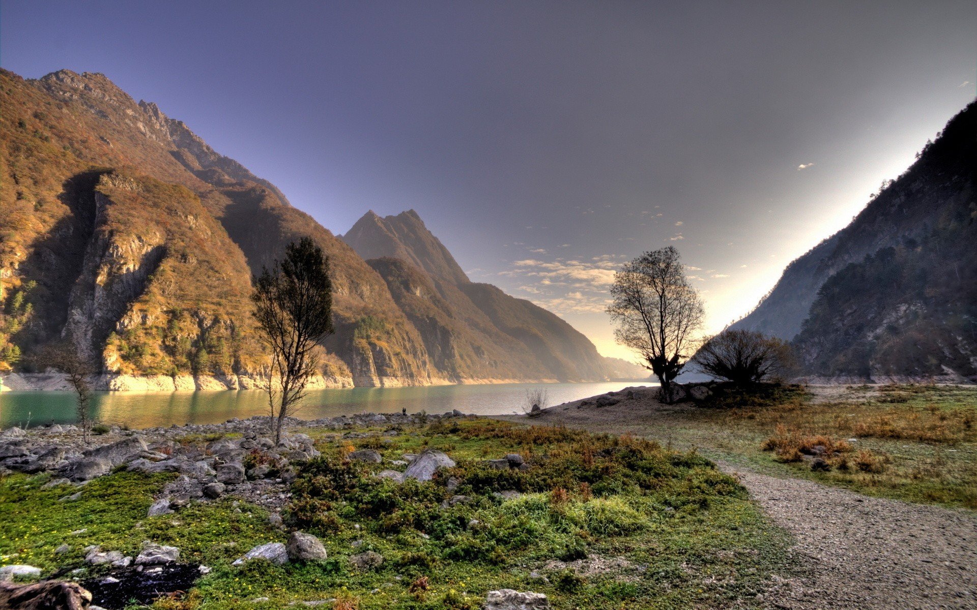 mountain landscape sky river green