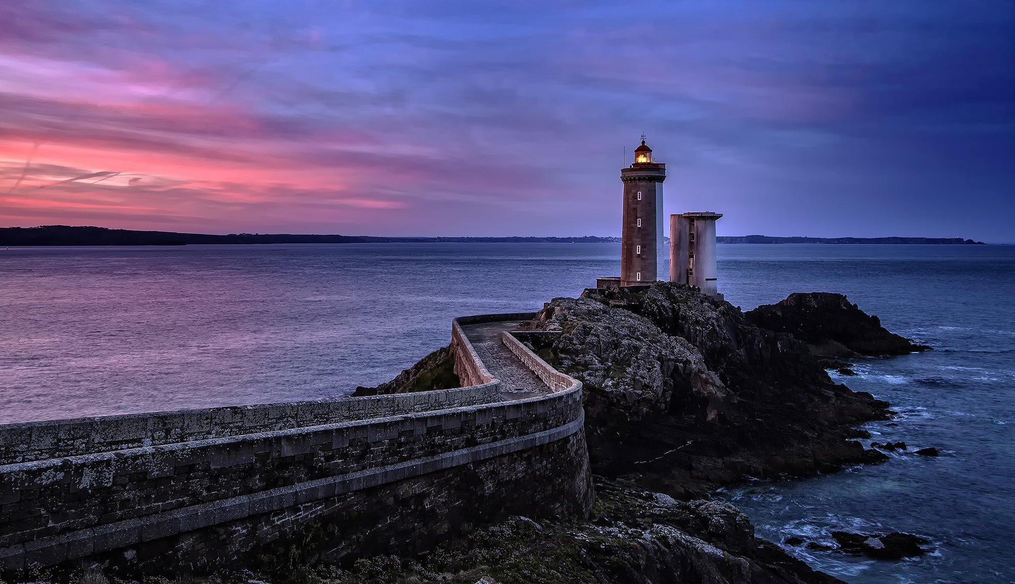 france sea rock lighthouse sunset sky