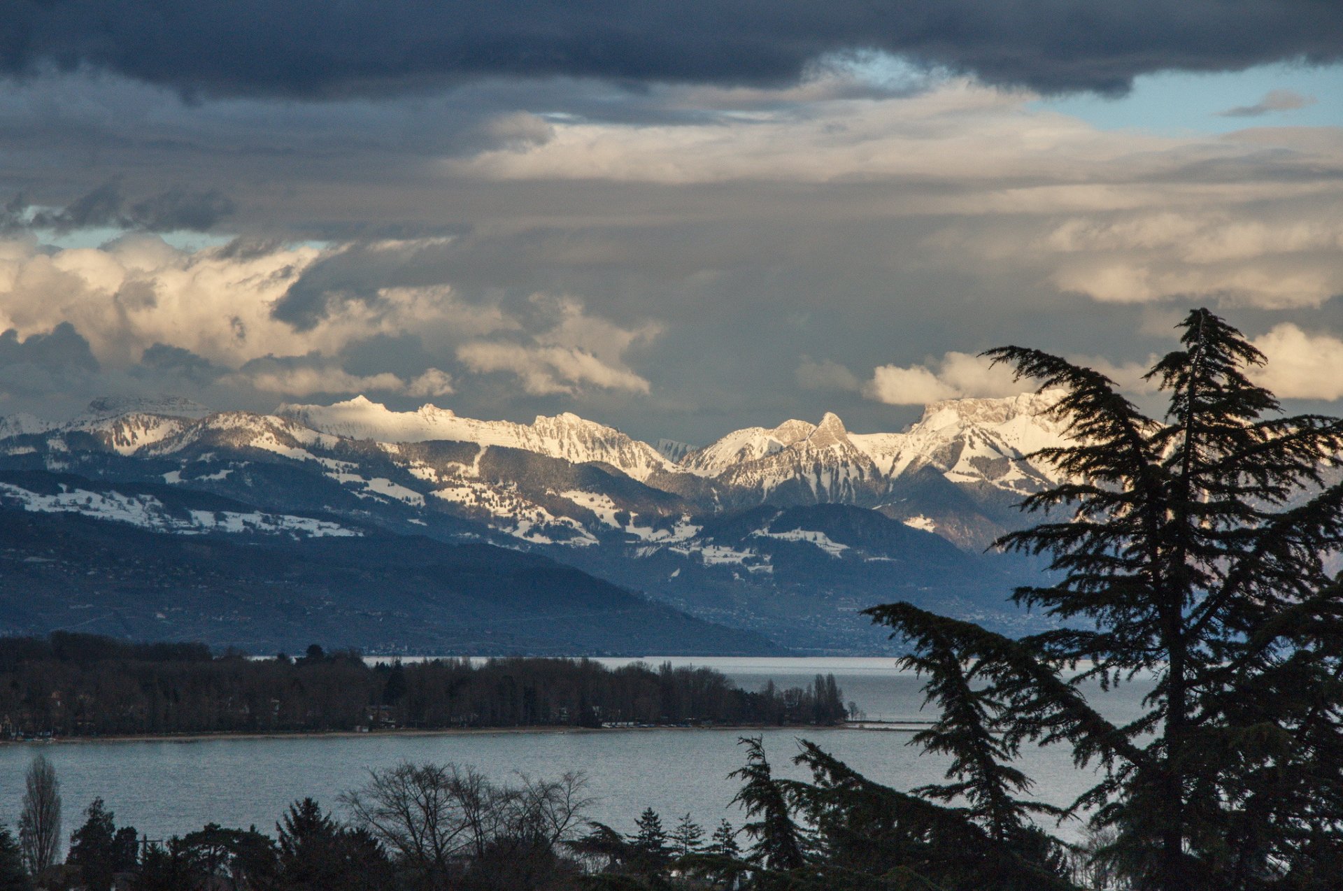 arbres lac montagnes sommets neige nuages