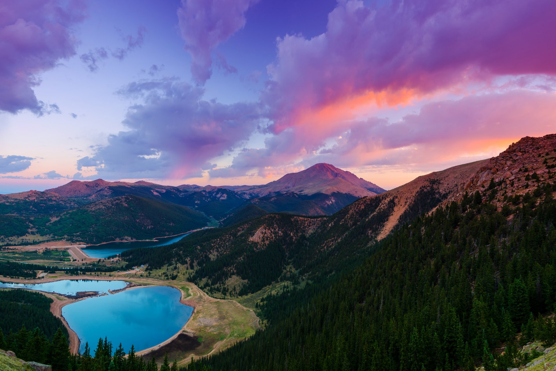 usa colorado mount pikes peak jeziora las zachód słońca niebo chmury