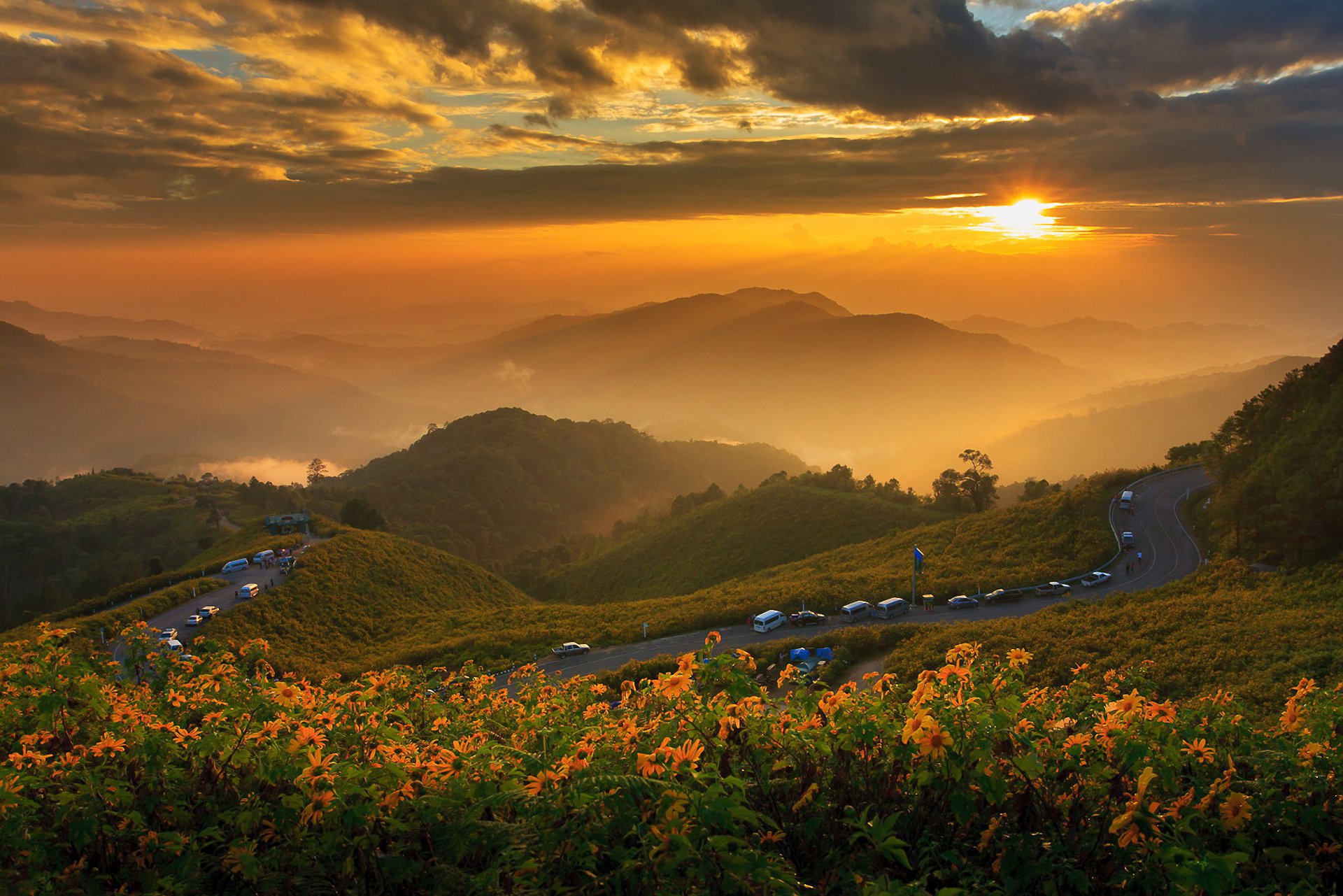 landscape nature mountain clouds sunset sun road flower thailand