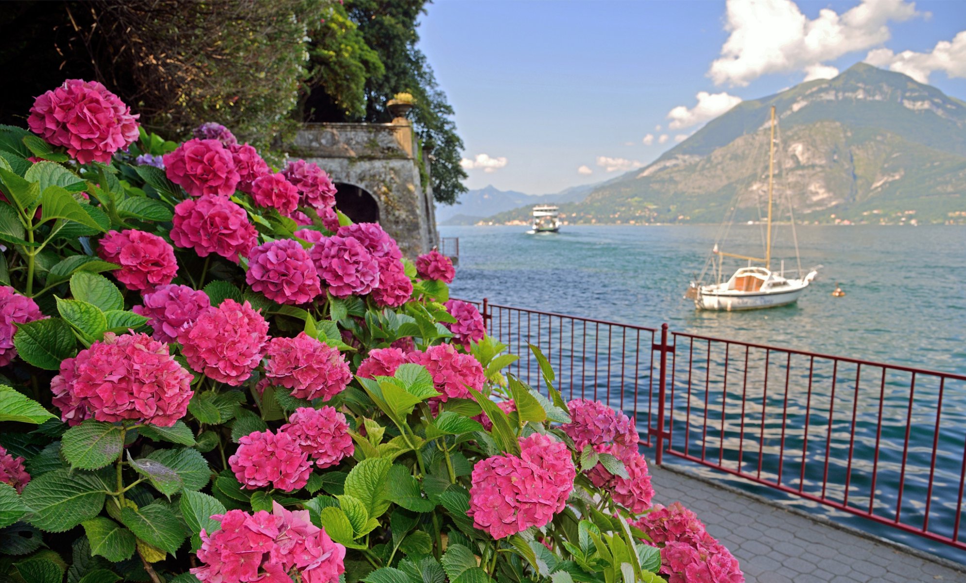 italy sky mountain sea gulf embankment flower ship yacht