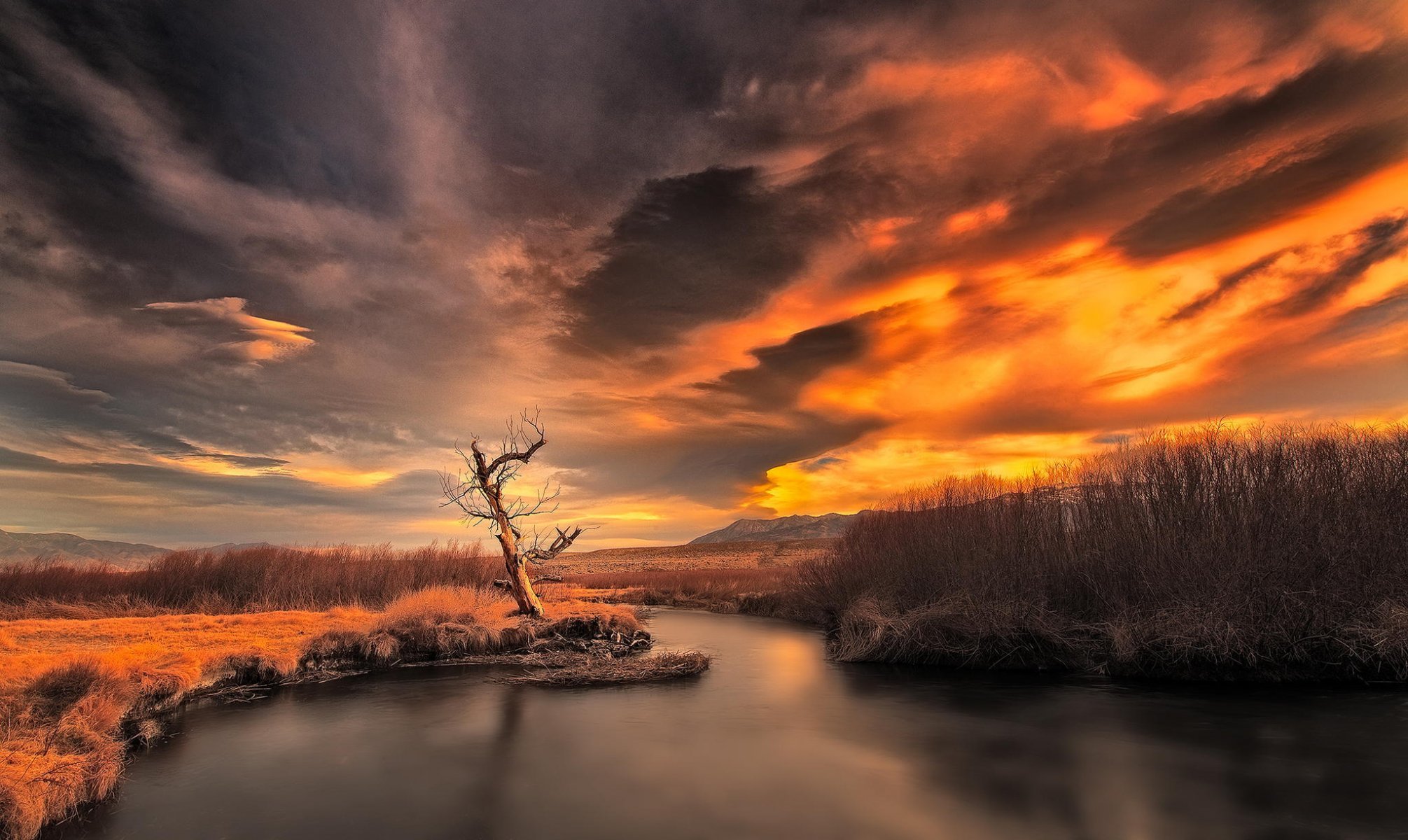 unset mountain river nature landscape