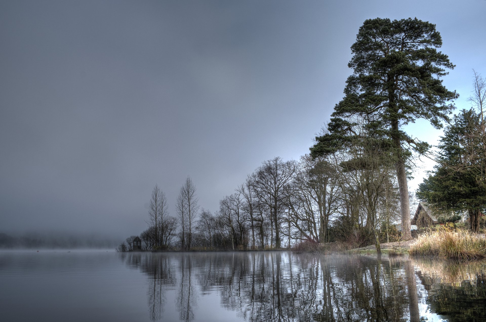 ciel eau arbres maison brouillard lac rivière