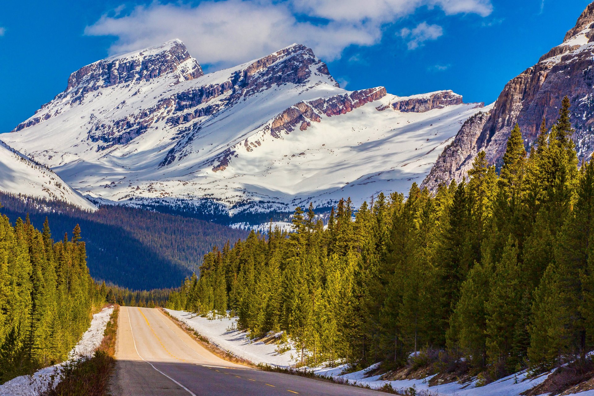 banff national park alberta canada mountain sky clouds tree road snow