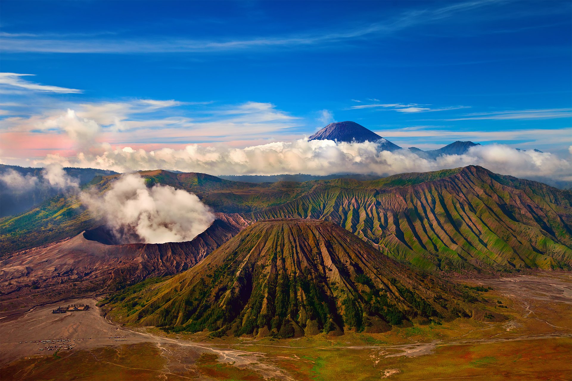 indonesia java volcanic caldera complex-tenger tengger active volcano bromo clouds sky