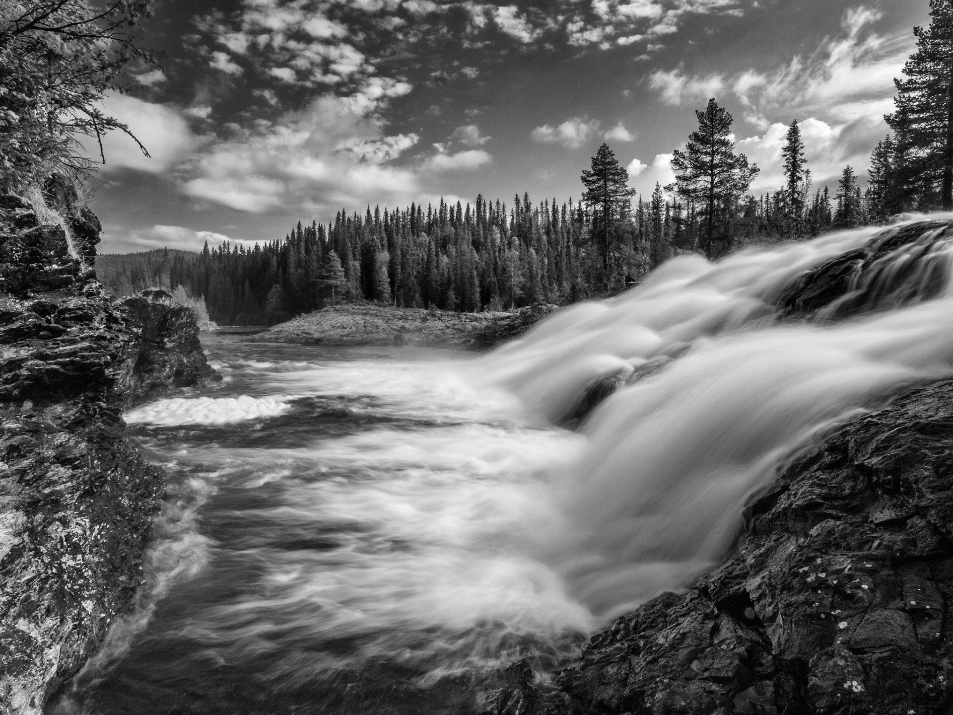 dimforsen västerbotten suède flux forêt cascade noir et blanc