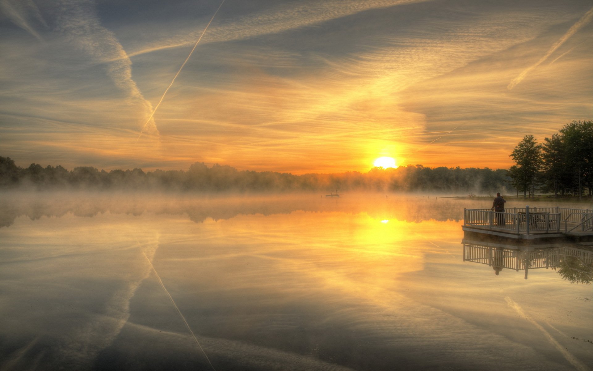 unset lake fog landscape