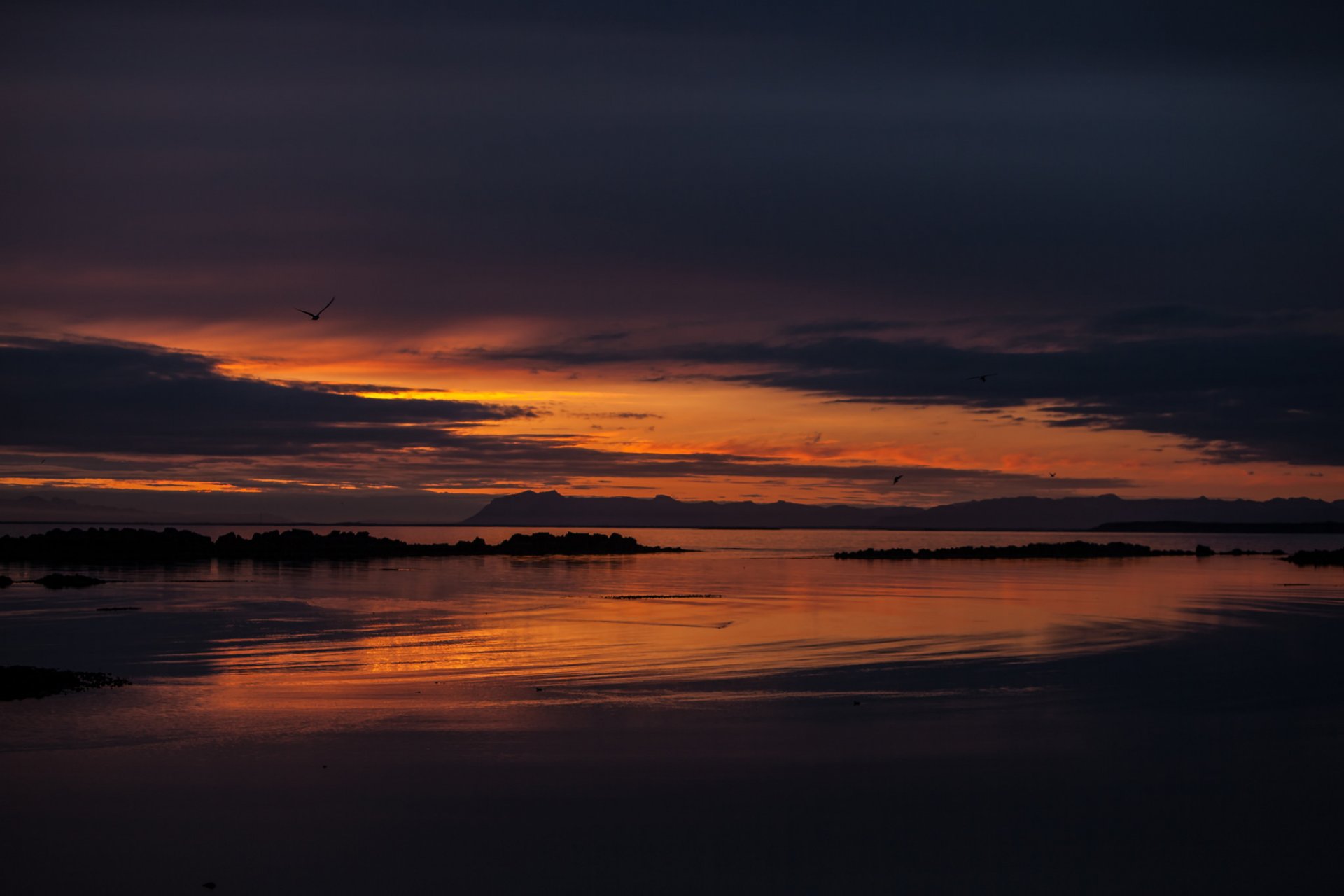 island bucht ozean küste abend orange sonnenuntergang himmel wolken vögel