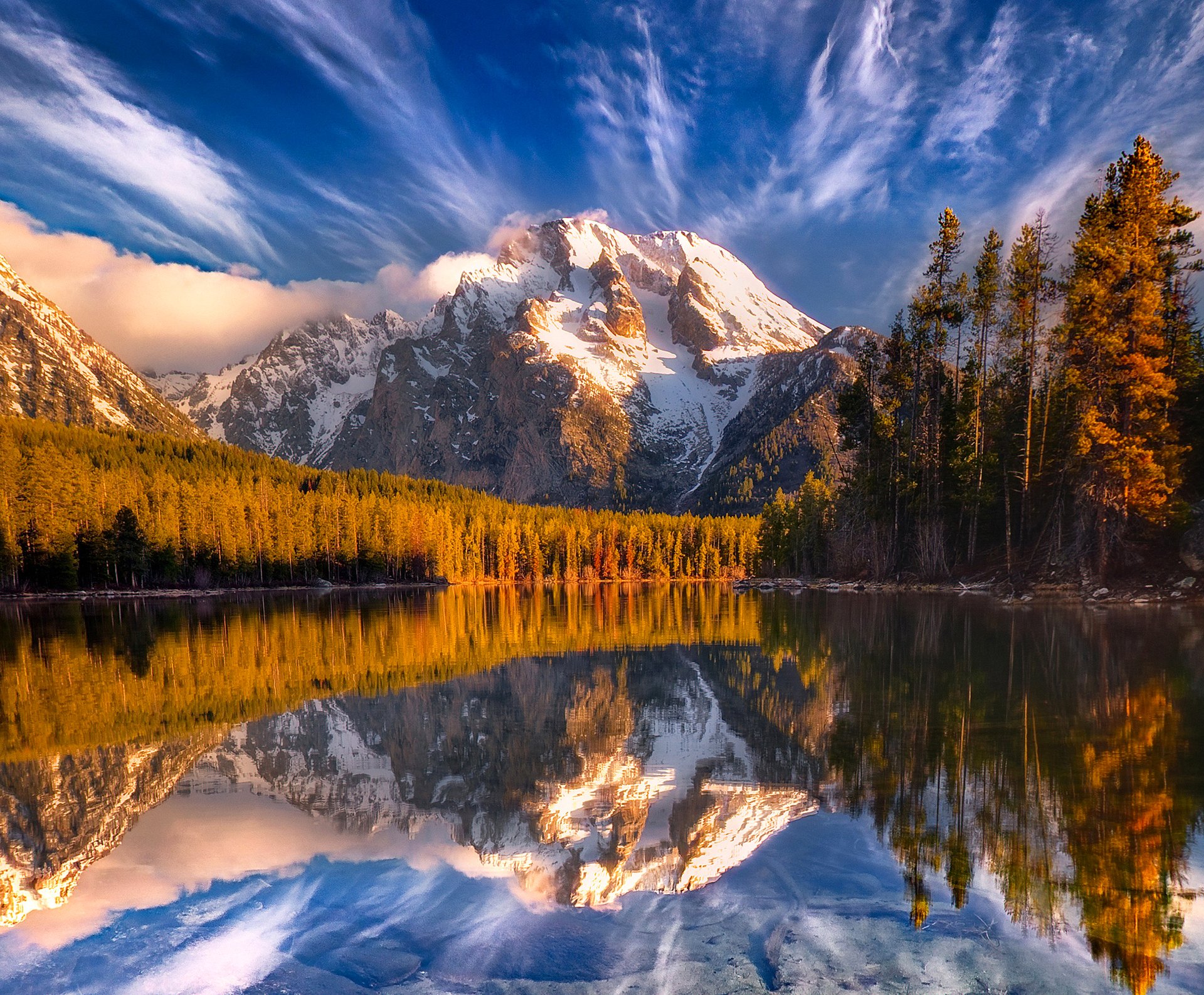 ky clouds sunset mountain snow forest tree lake reflection