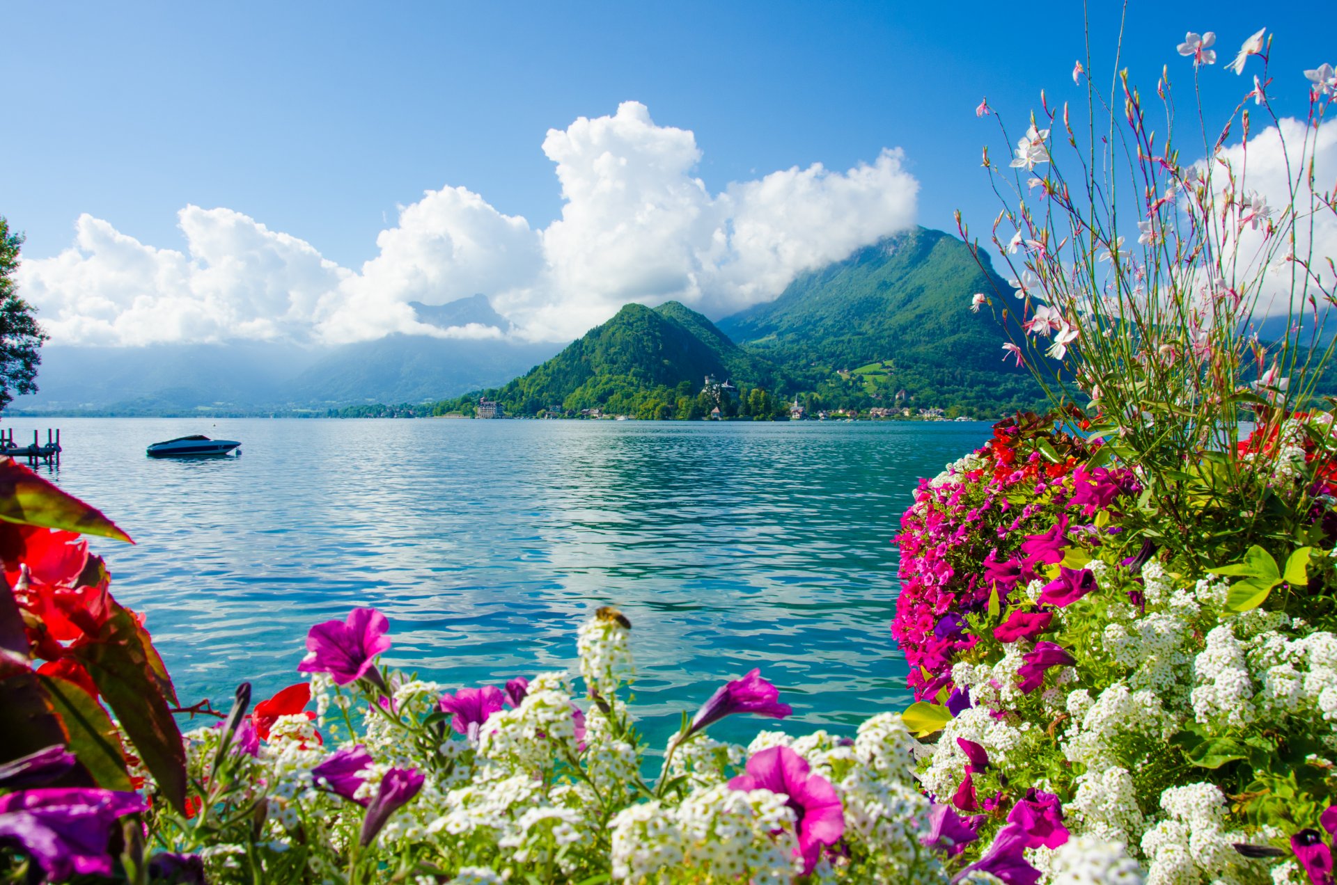 natura cielo nuvole montagne mare barca fiori