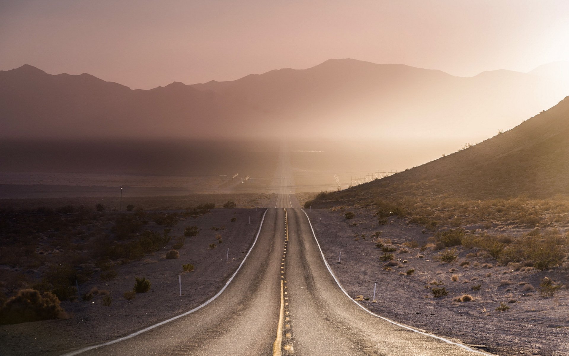 road morning mountain light landscape