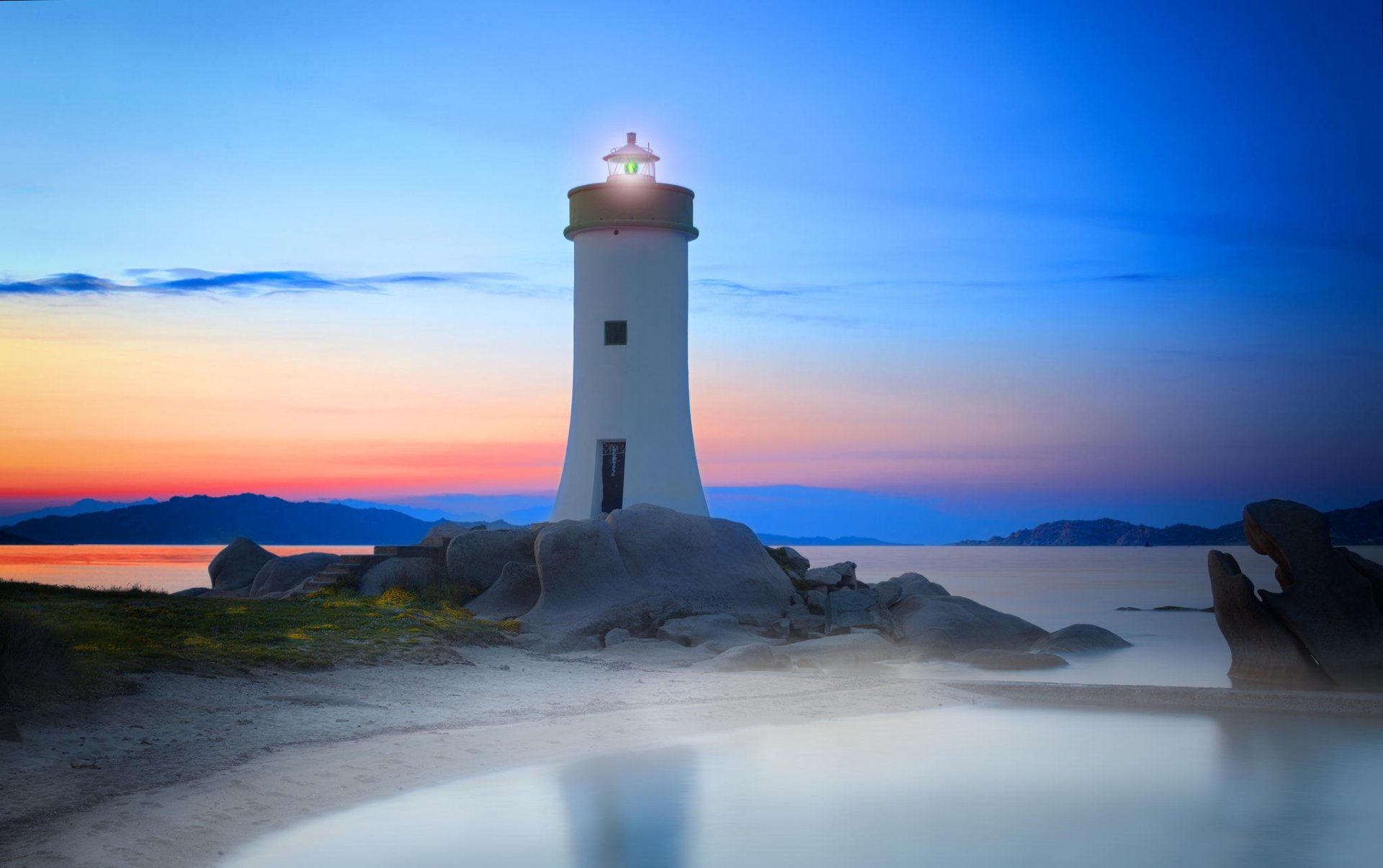 clouds italy landscape ligh lighthouse marcocarmassi rocks sardinia sea sky sunset water