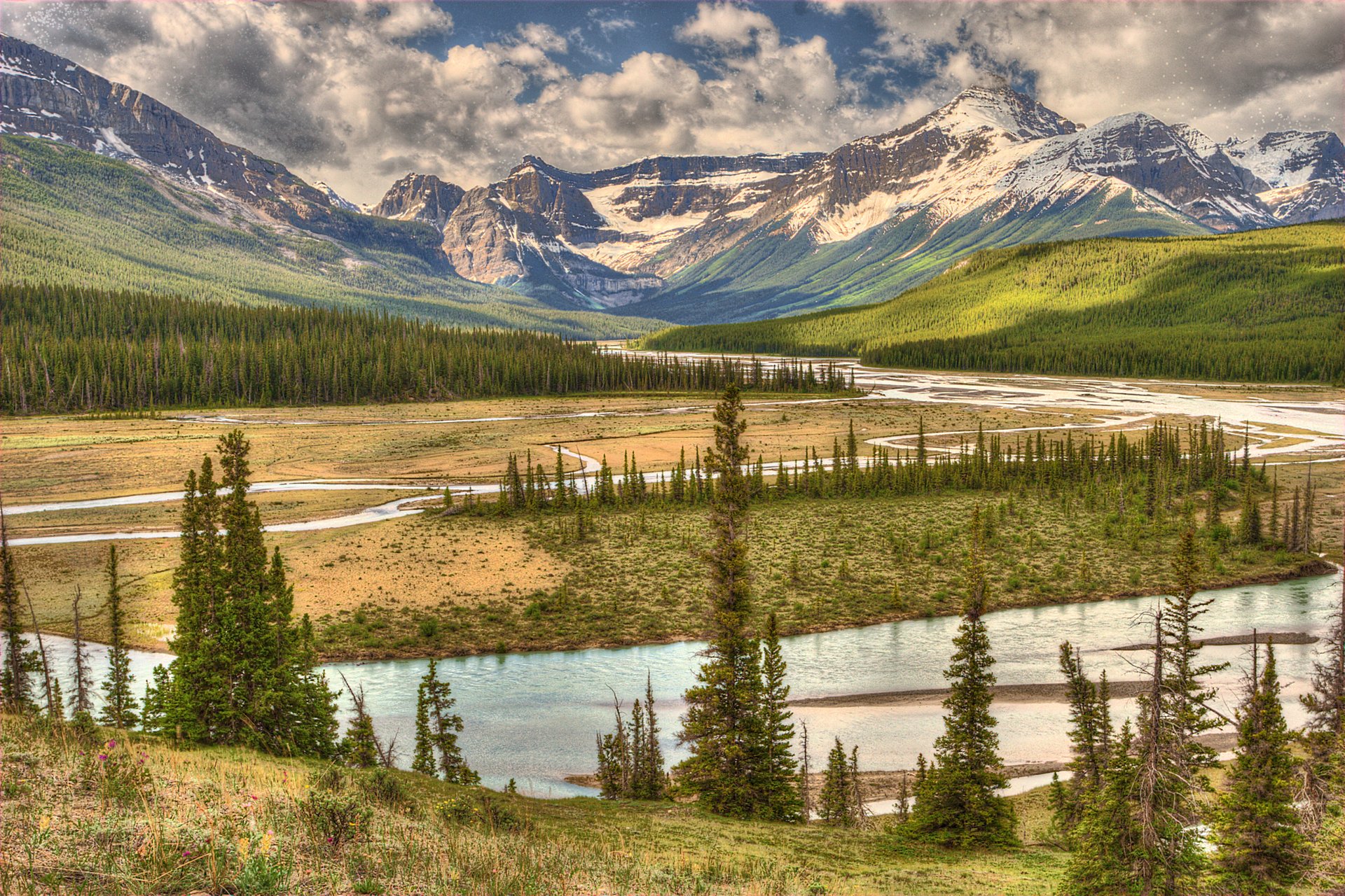 howse river banff national park alberta canada sky clouds mountain valley river forest tree