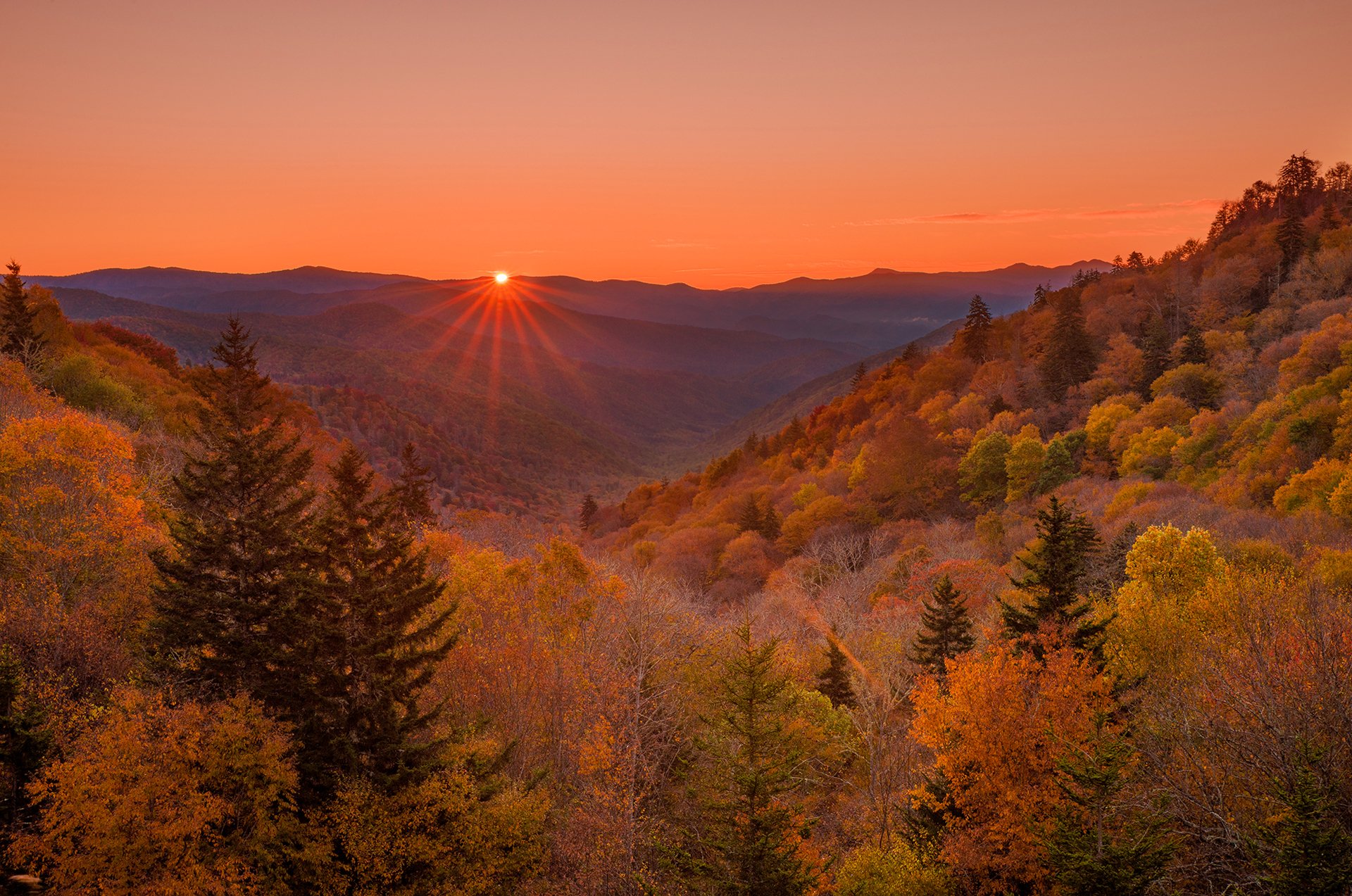 cielo tramonto raggi montagne foresta autunno