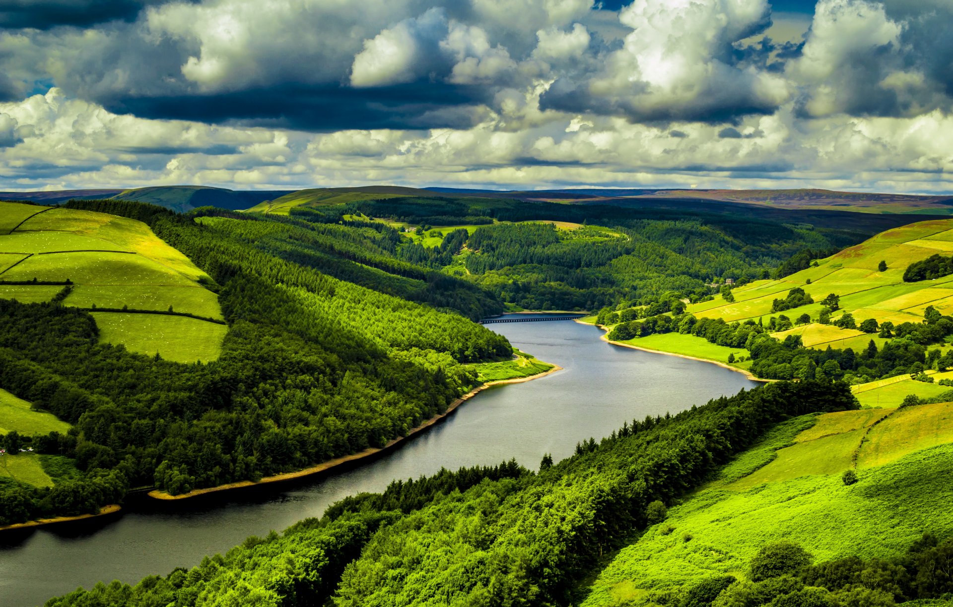 пейзаж великобритания река поля лес ladybower облака природа фото