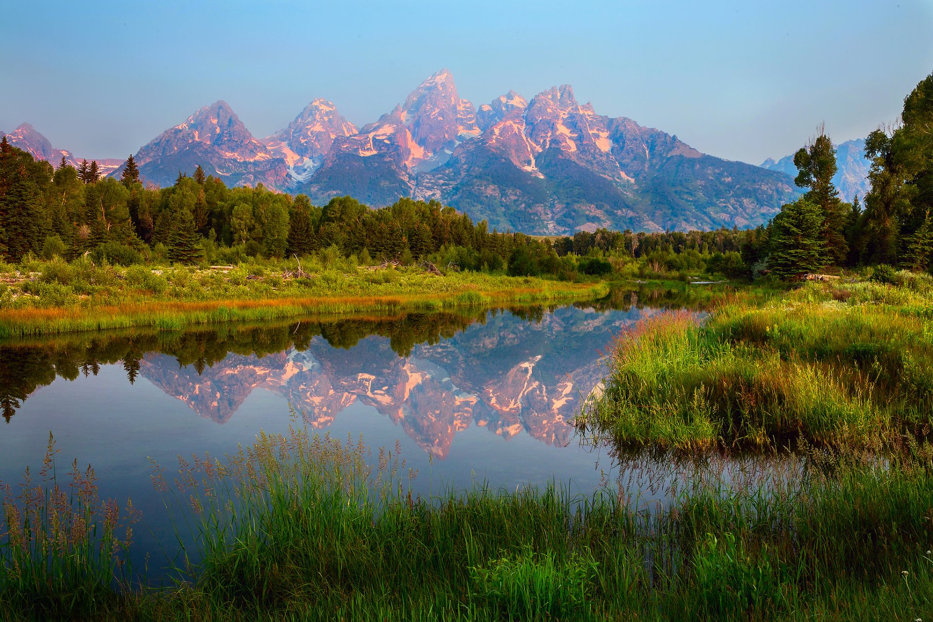 united states wyoming national park grand-titon schwabachers landing mountain forest water clouds sky reflection summer