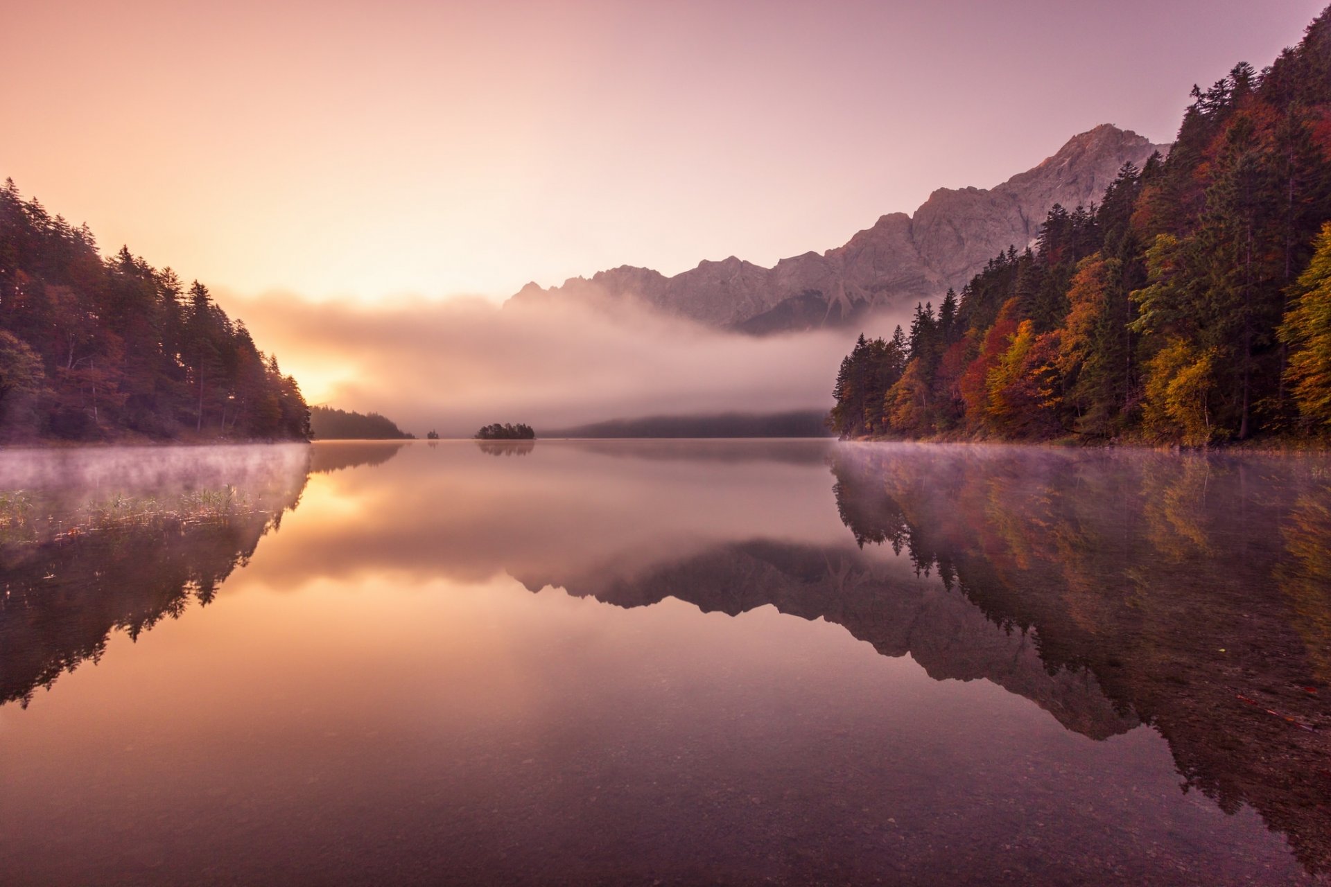 deutschland alpen see morgen nebel herbst