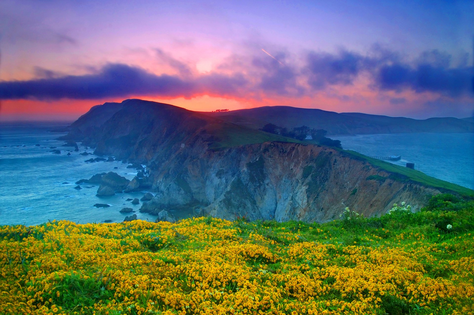 point reyes national seashore marin county california stati uniti cielo nuvole tramonto roccia mare oceano fiori