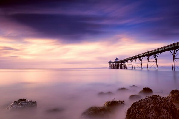 Ghosts rise up in Somerset County UK in the evening when the bay, blue-pink sky and clouds