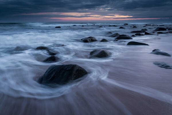 Evening sunset on the shore of the Tasman Sea in Australia