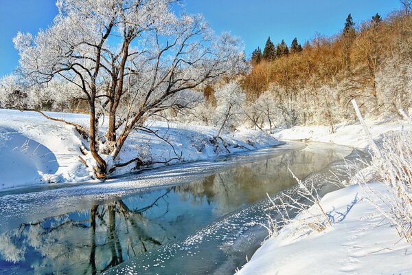 Зимний пейзаж, река не замерзает