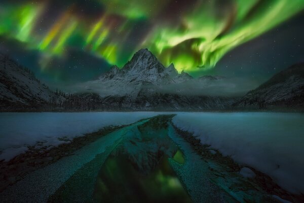 Aurora boreal sobre las montañas camino en el bosque