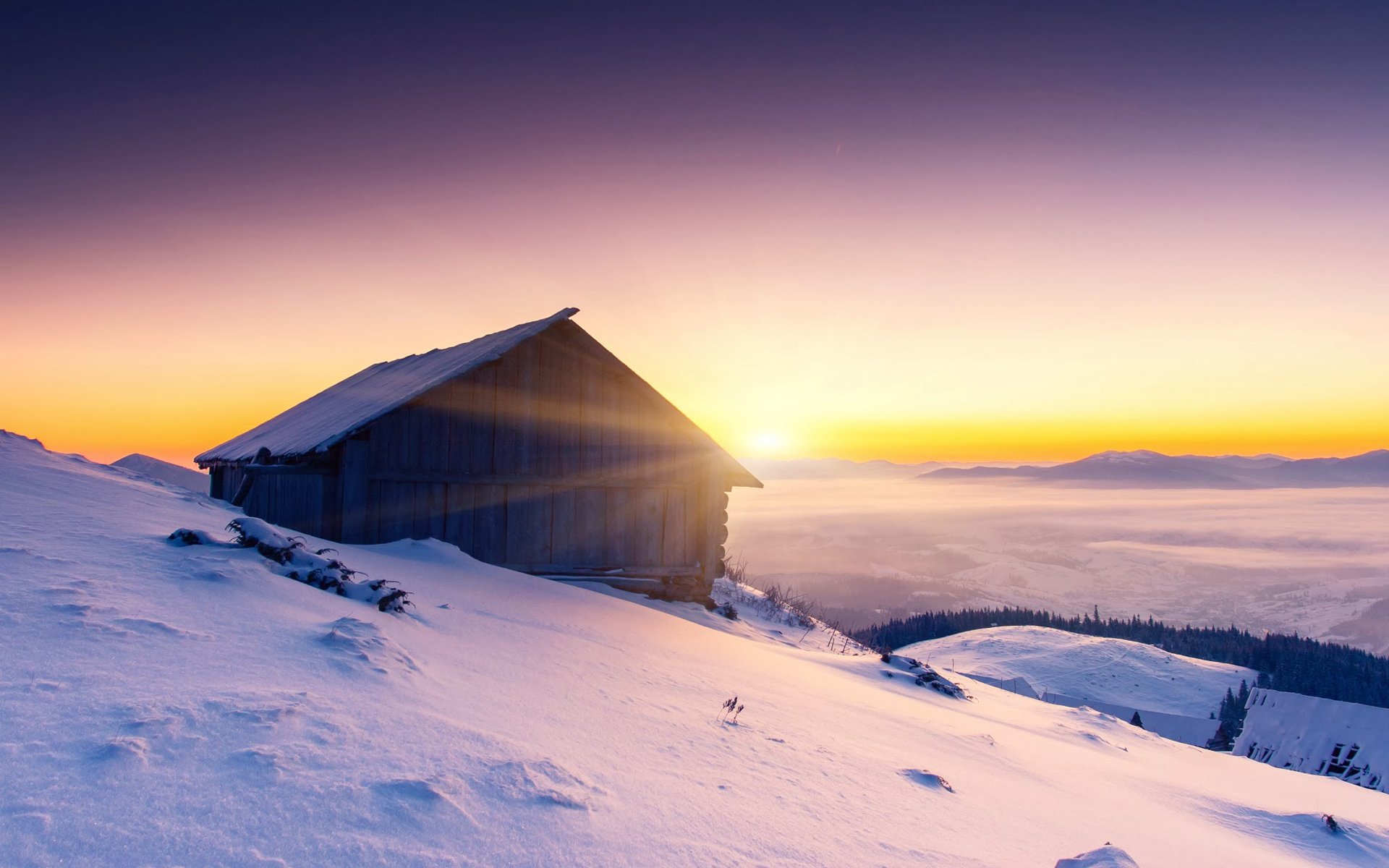 paysage nature maison ciel hiver neige froid gel collines silence matin arbres forêts aube fond d écran widescreen