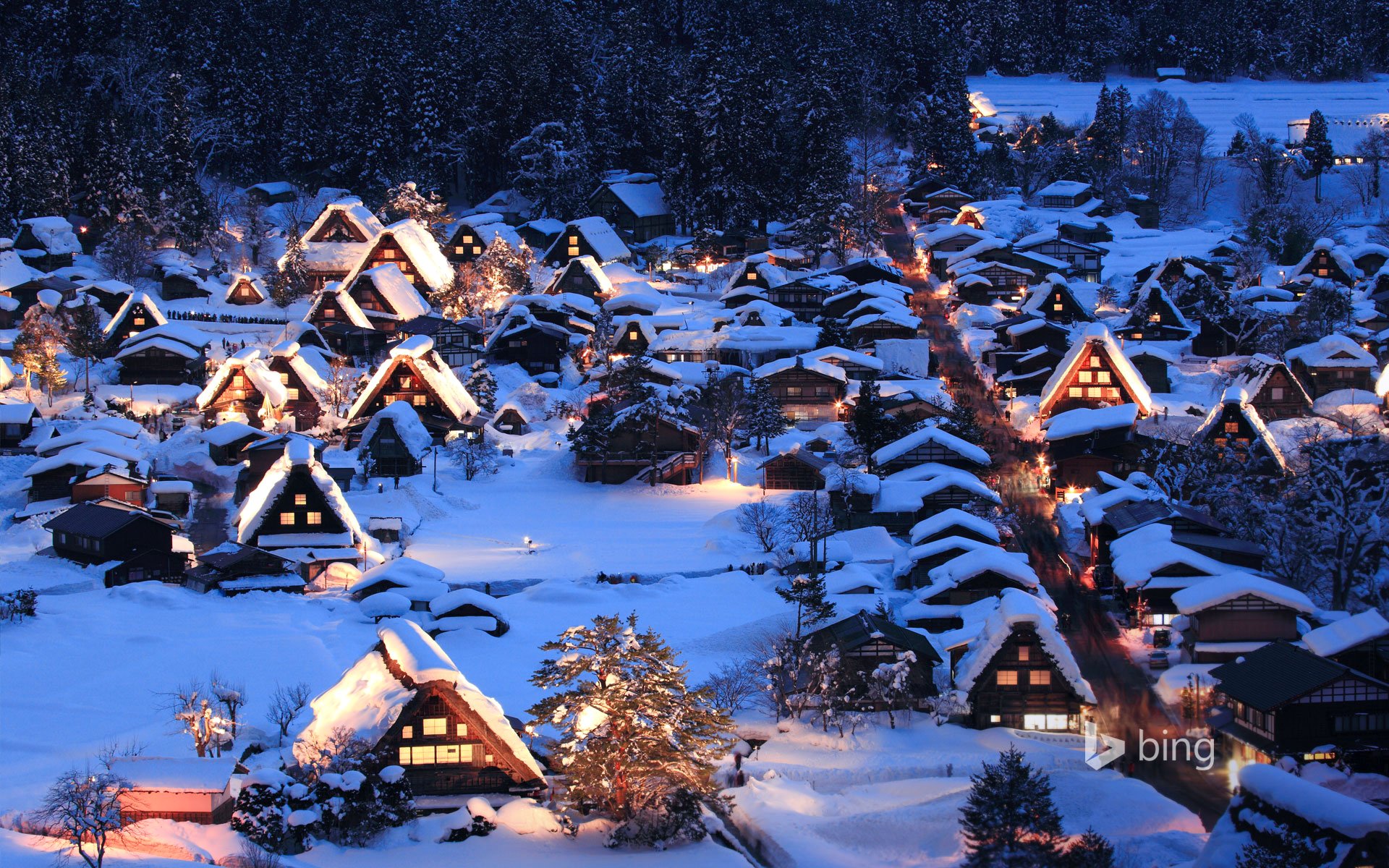 shirakawa-go gokayama île de honshu japon nuit lumières vallée hiver neige