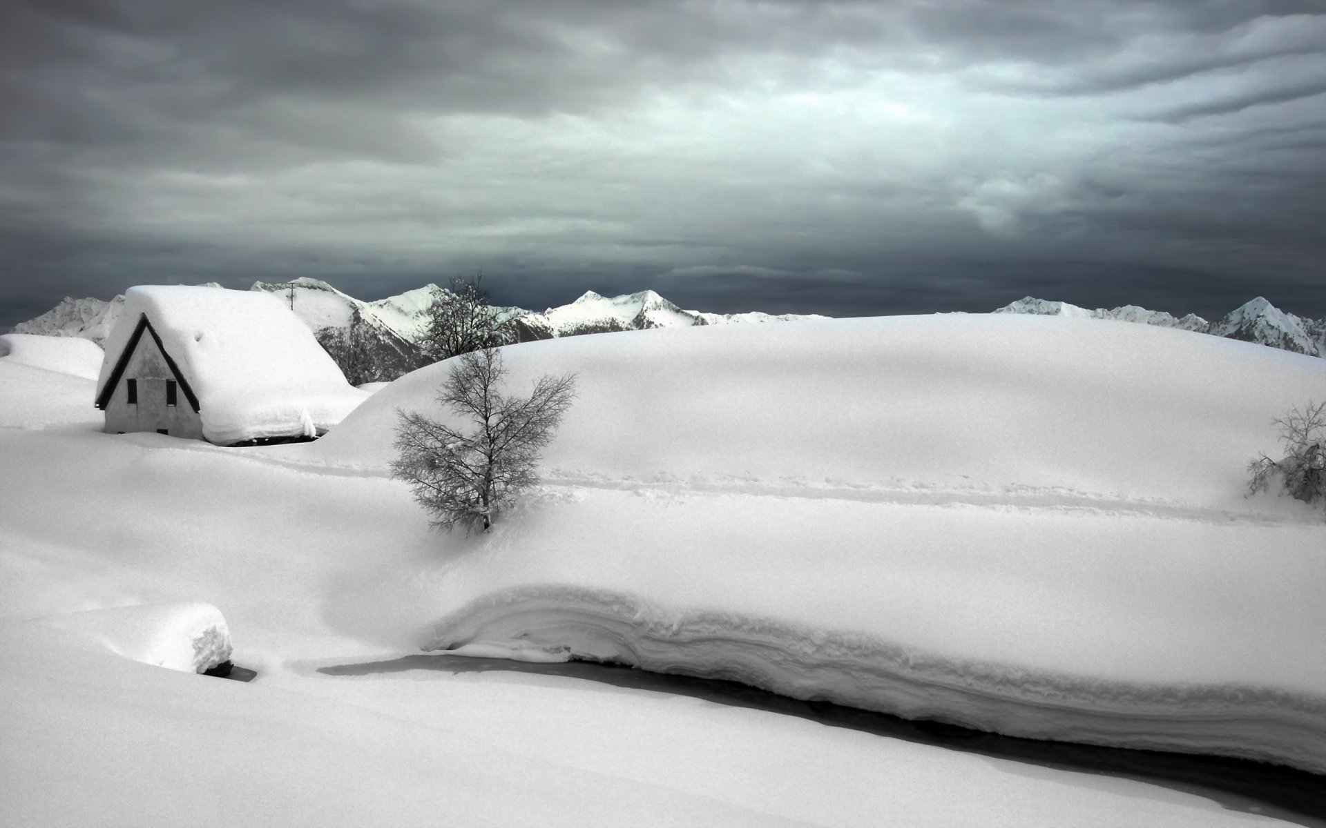 hiver neige maison rivière paysage