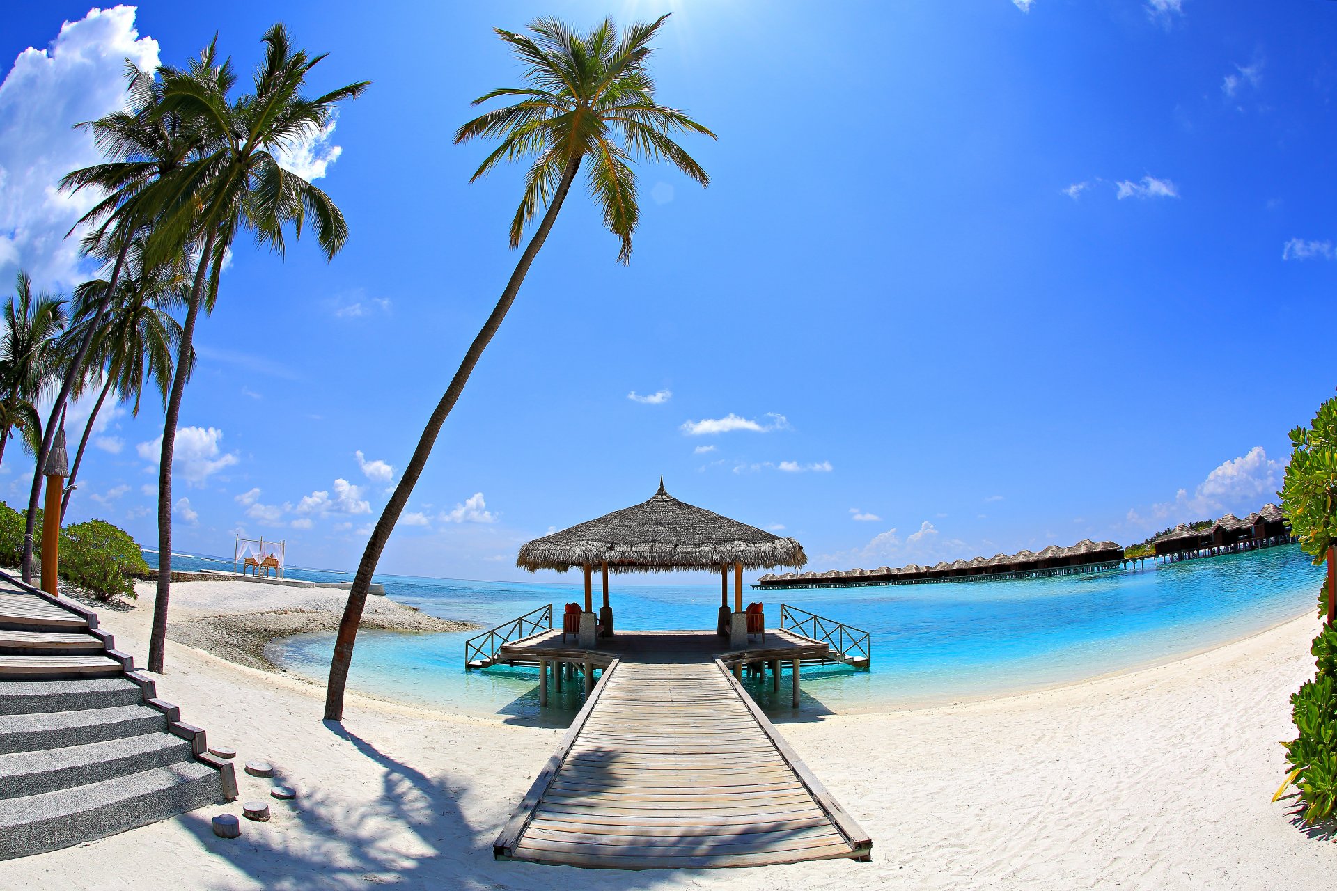 natura cielo mare palme ponte bungalow sabbia spiaggia vacanze vacanze maldive