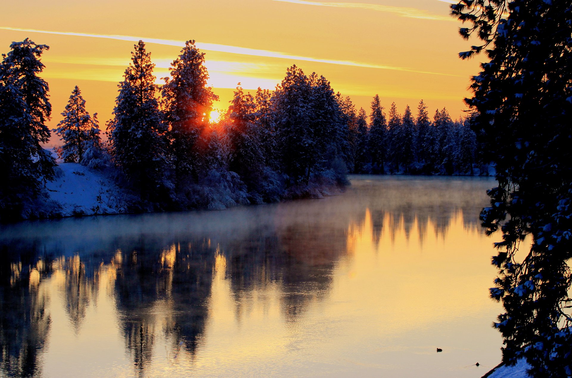 winter fluss verdunstung ufer bäume schnee himmel sonne sonnenuntergang