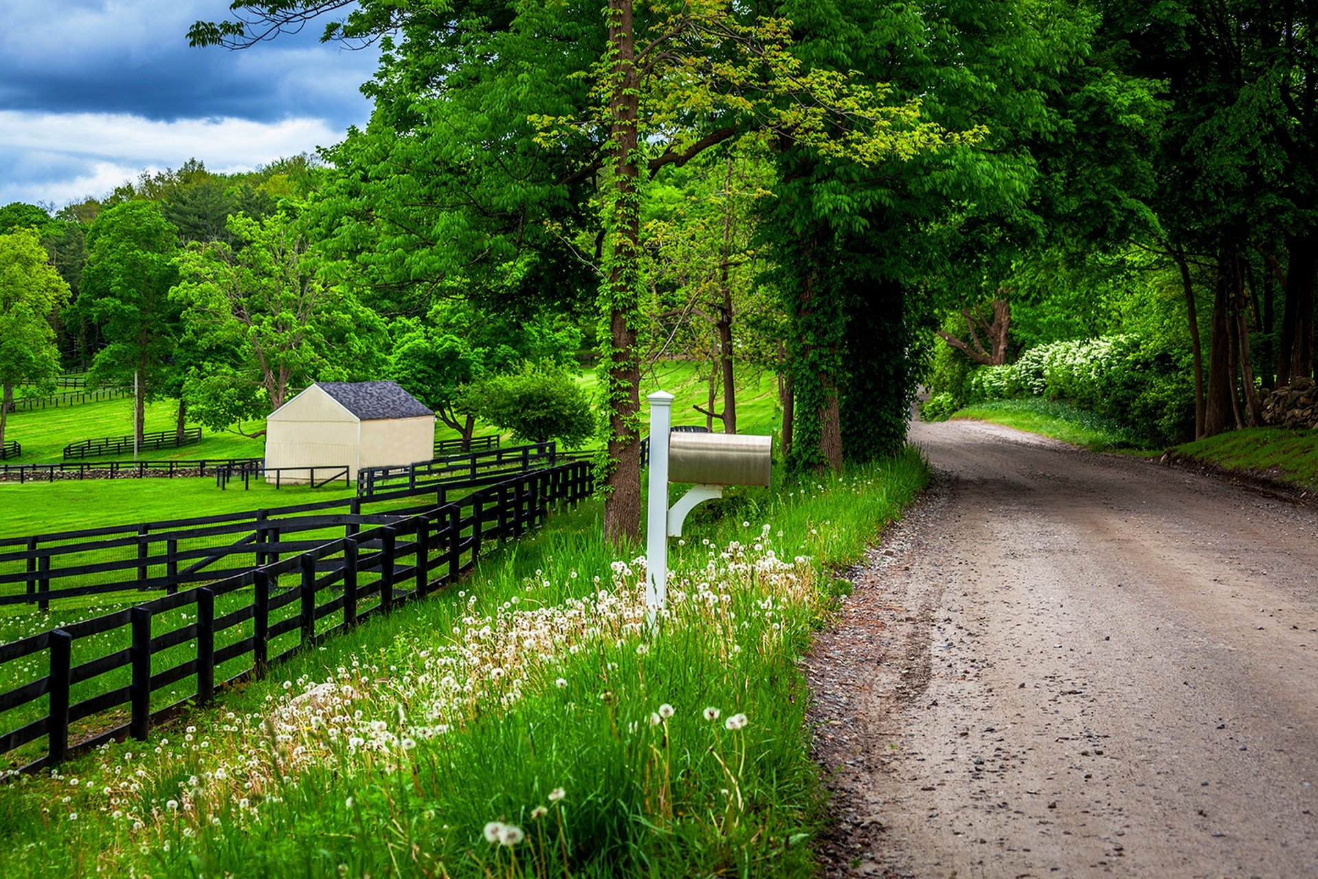 nature spring mountain house sky clouds forest trees road path walk tree