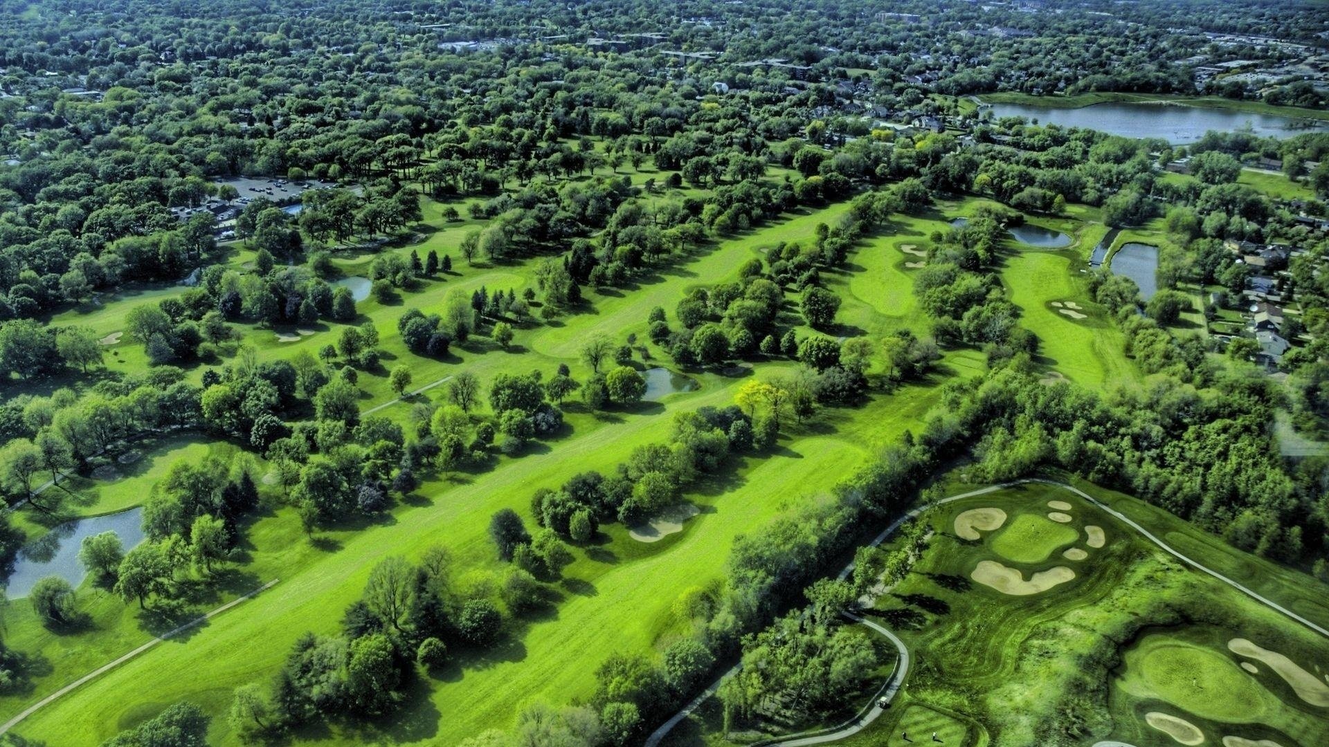 paysage champs étangs arbres golf