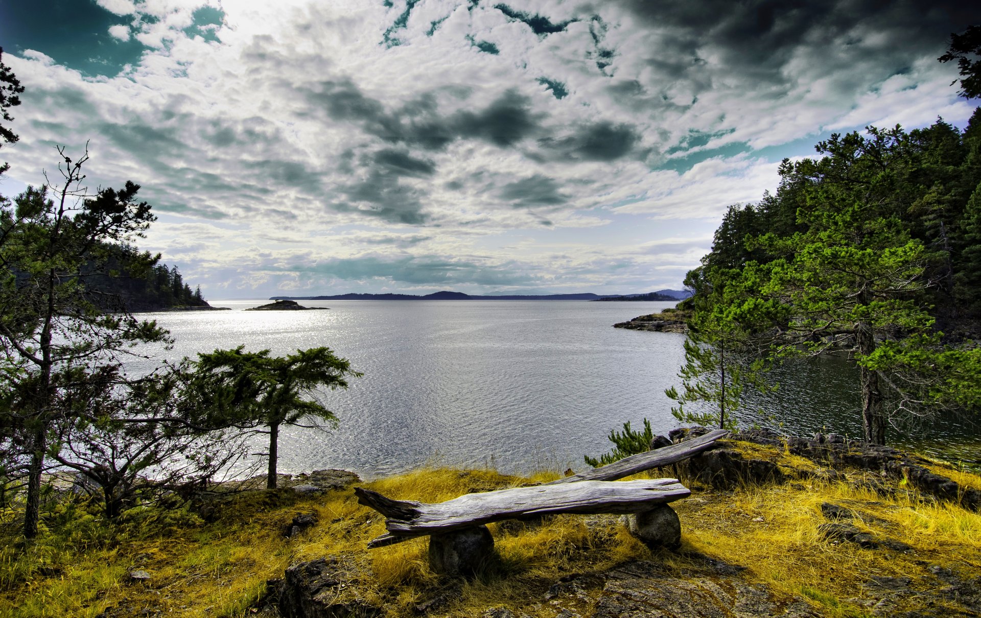 nature view mountains sky clouds river water forest park trees bench bench