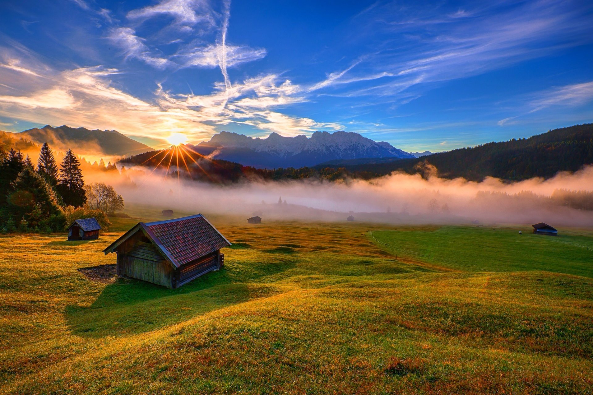 nature sunset houses sun rays mountains sky clouds forest park trees colors walk clouds grass sun ray