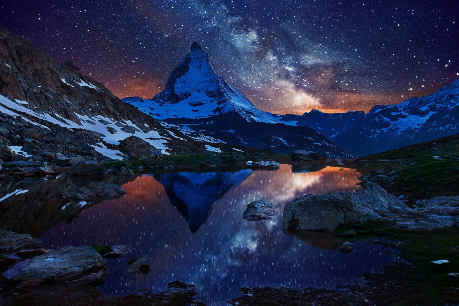 matterhorn switzerland mountain summit alps lake snow sky milky way star night