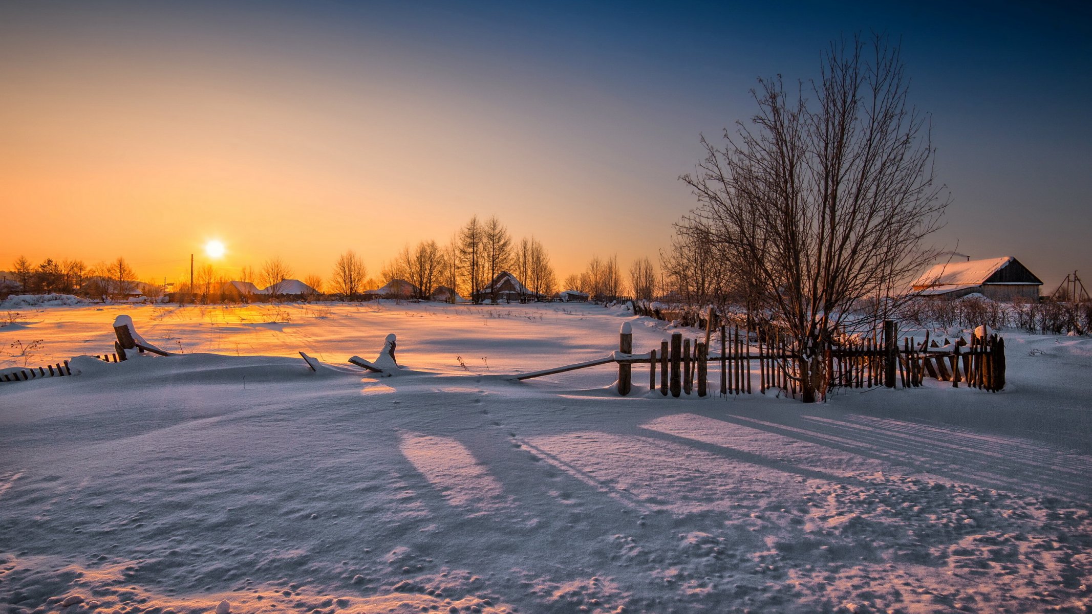 hiver coucher de soleil maison paysage