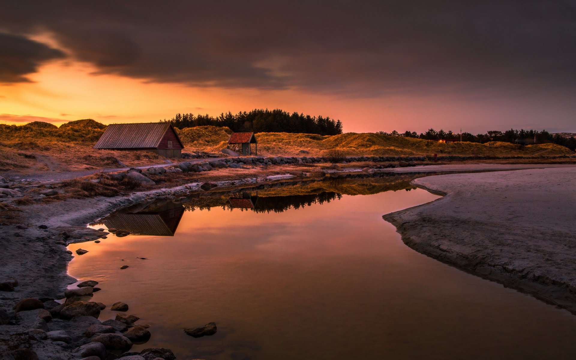 rivière coucher de soleil maison paysage