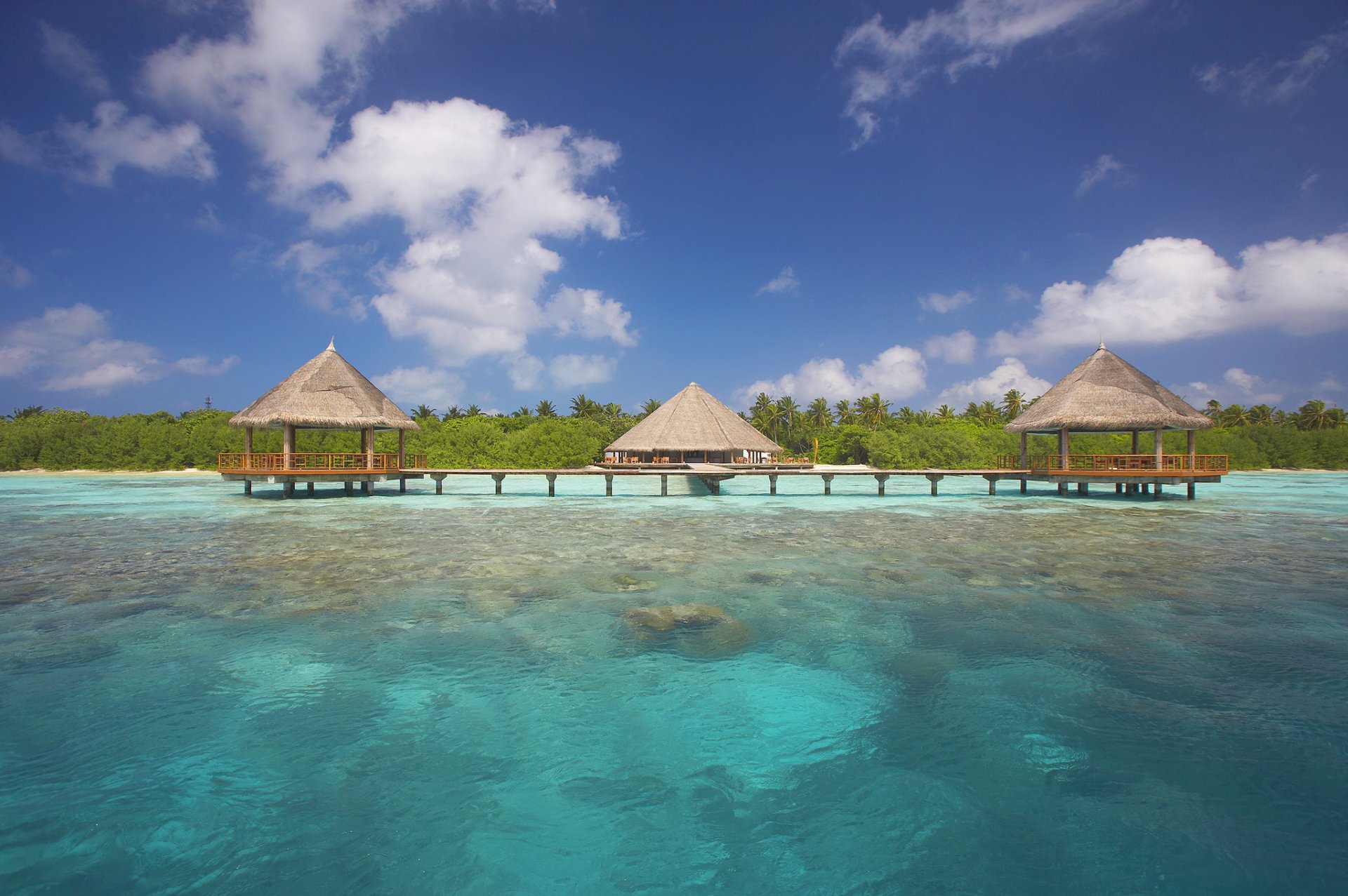 océan eau plage palmiers bungalow ciel nuages