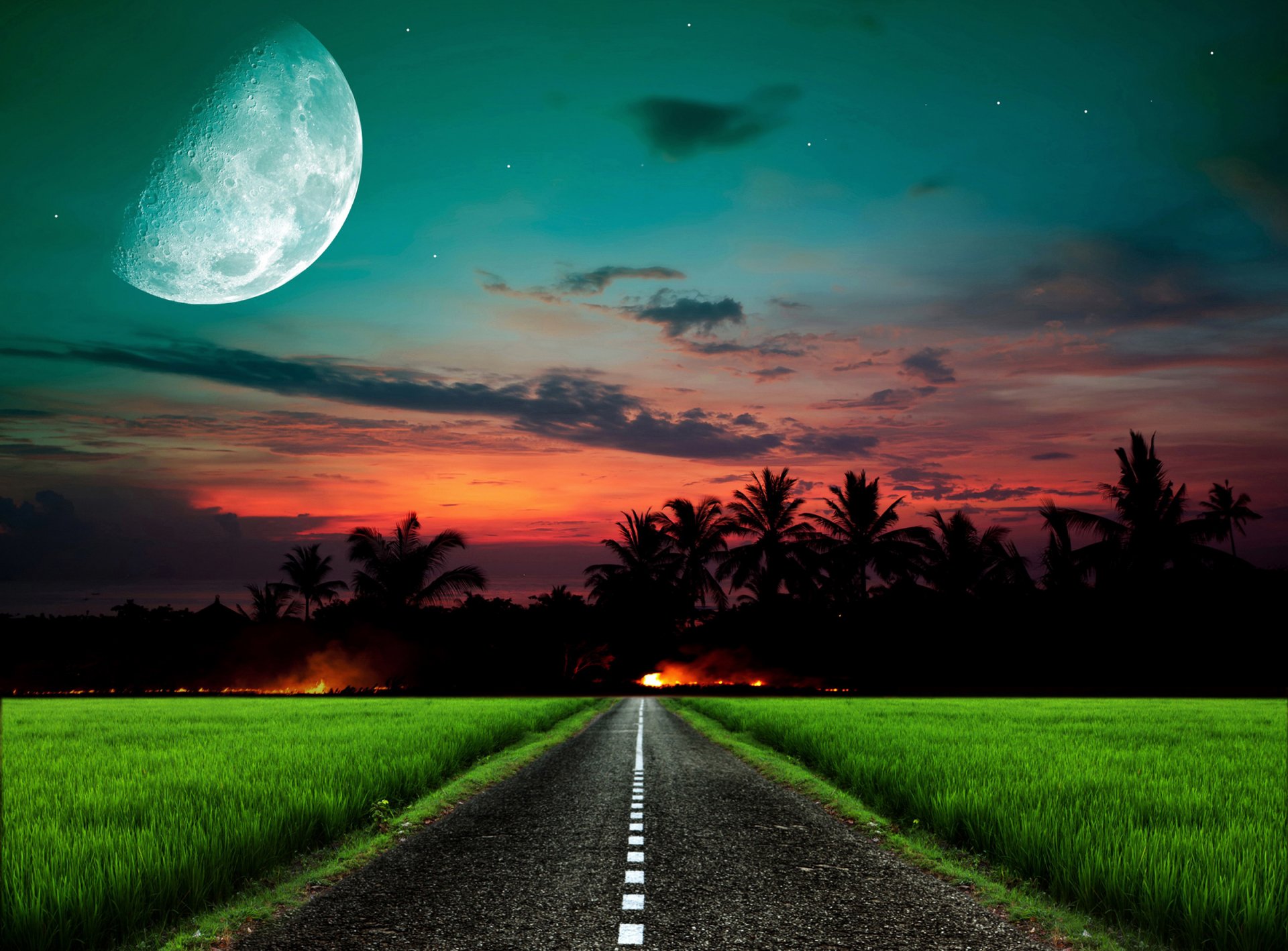 night moon sunset road grass star sky