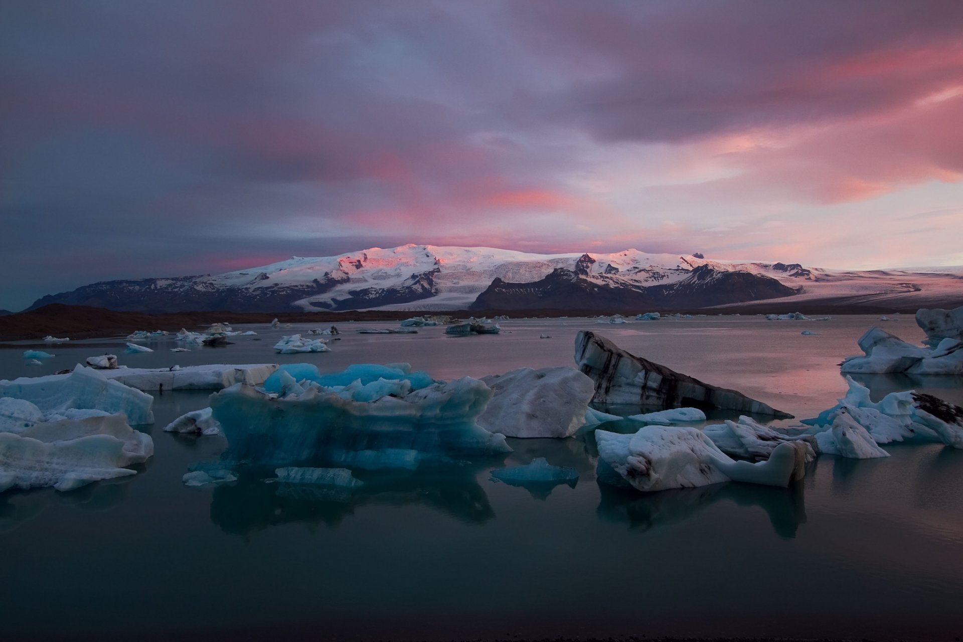 islandia bahía nieve icebergs amanecer