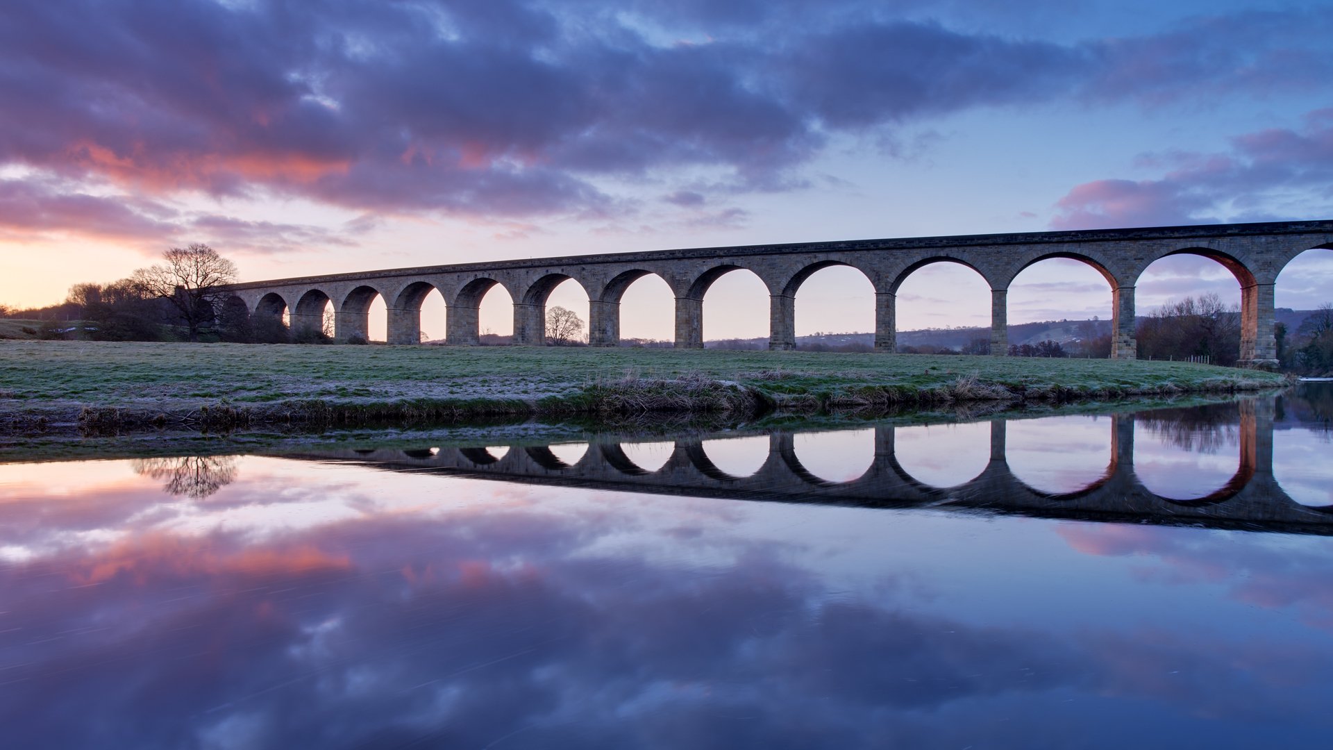 großbritannien england brücke viadukt fluss morgen morgendämmerung himmel wolken reflexion