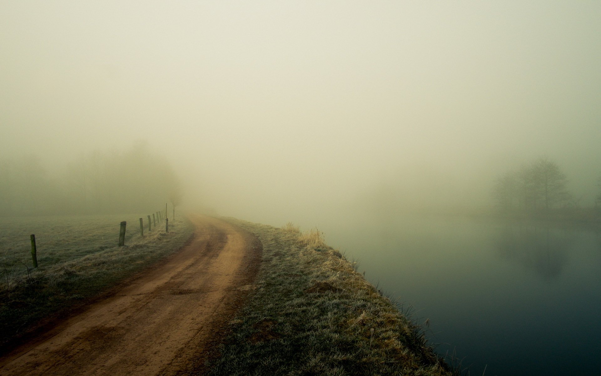 río camino paisaje niebla