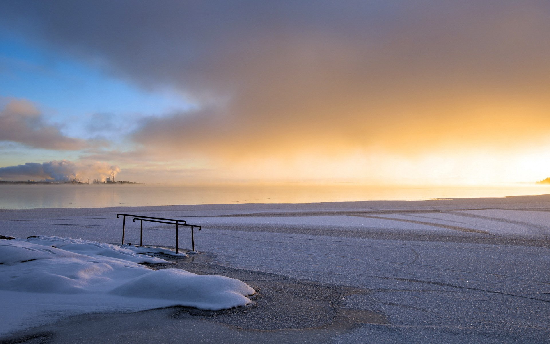 coucher de soleil rivière hiver paysage